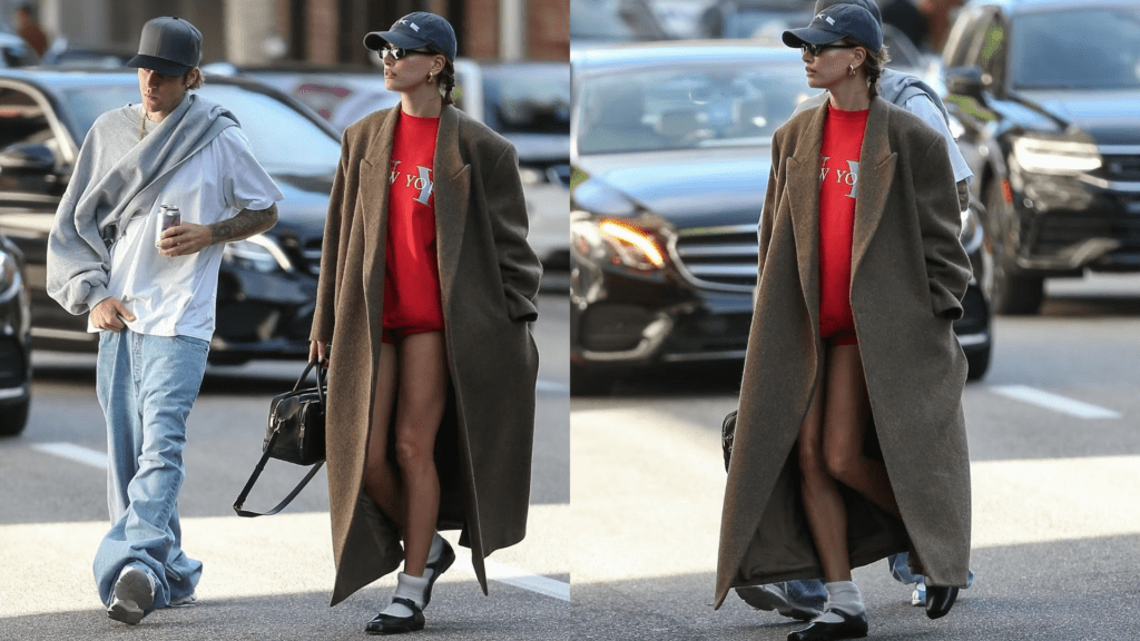 Abrigo oversize sin pantalones: Tendencia de Hailey Bieber